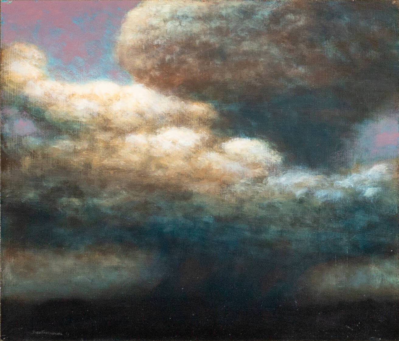 Painting of clouds in mostly shades of grey, blue, purple, and white.